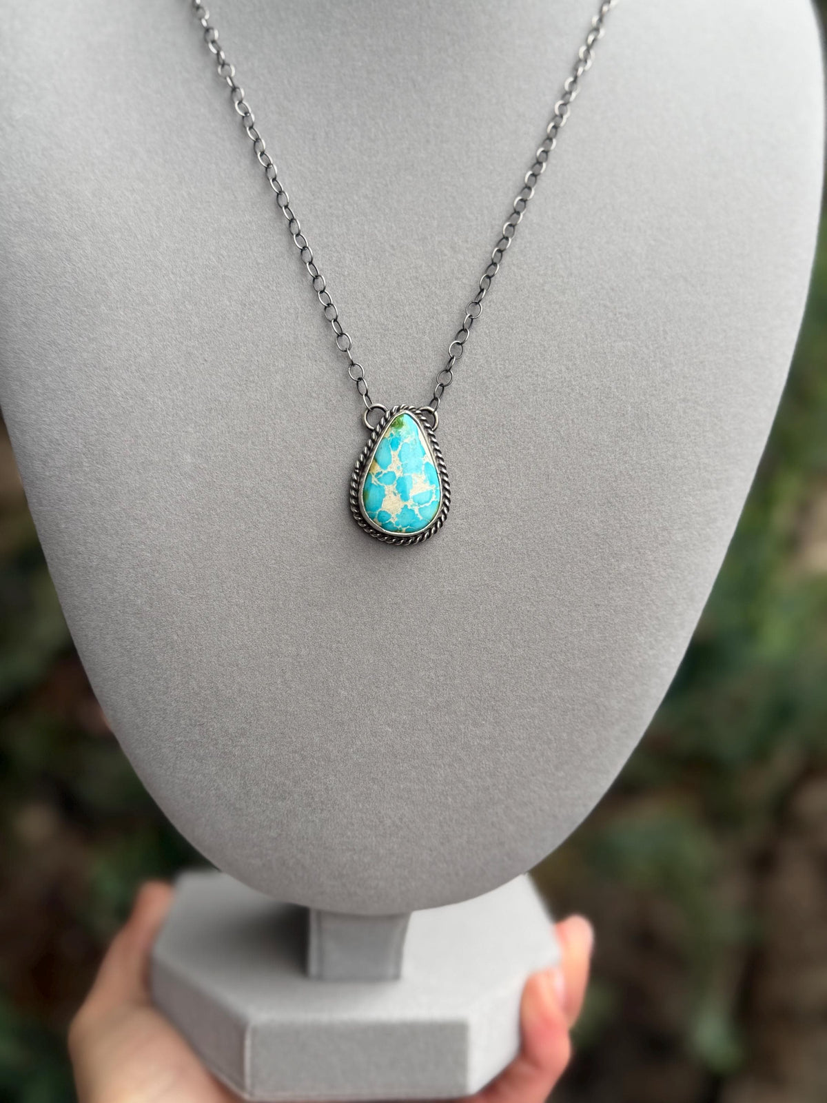Sonoran Gold Turquoise Teardrop Bar Necklace, Sterling Silver, Southwest Artisan Stamped, 19.5 Inch Chain