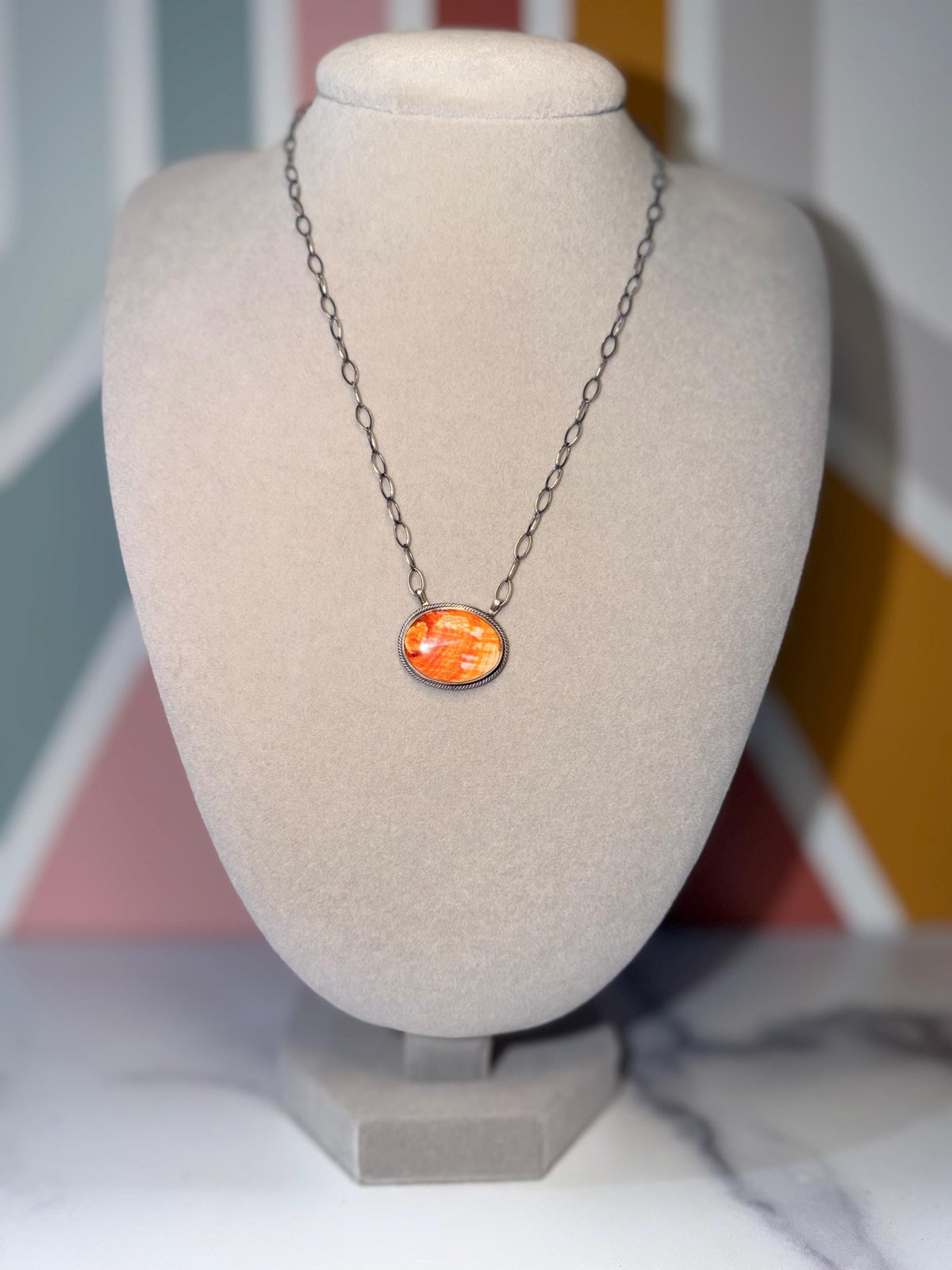 Orange Spiny Oyster Bar Necklace, Sterling Silver, Native Made AM, Southwest Style (19" Chain)