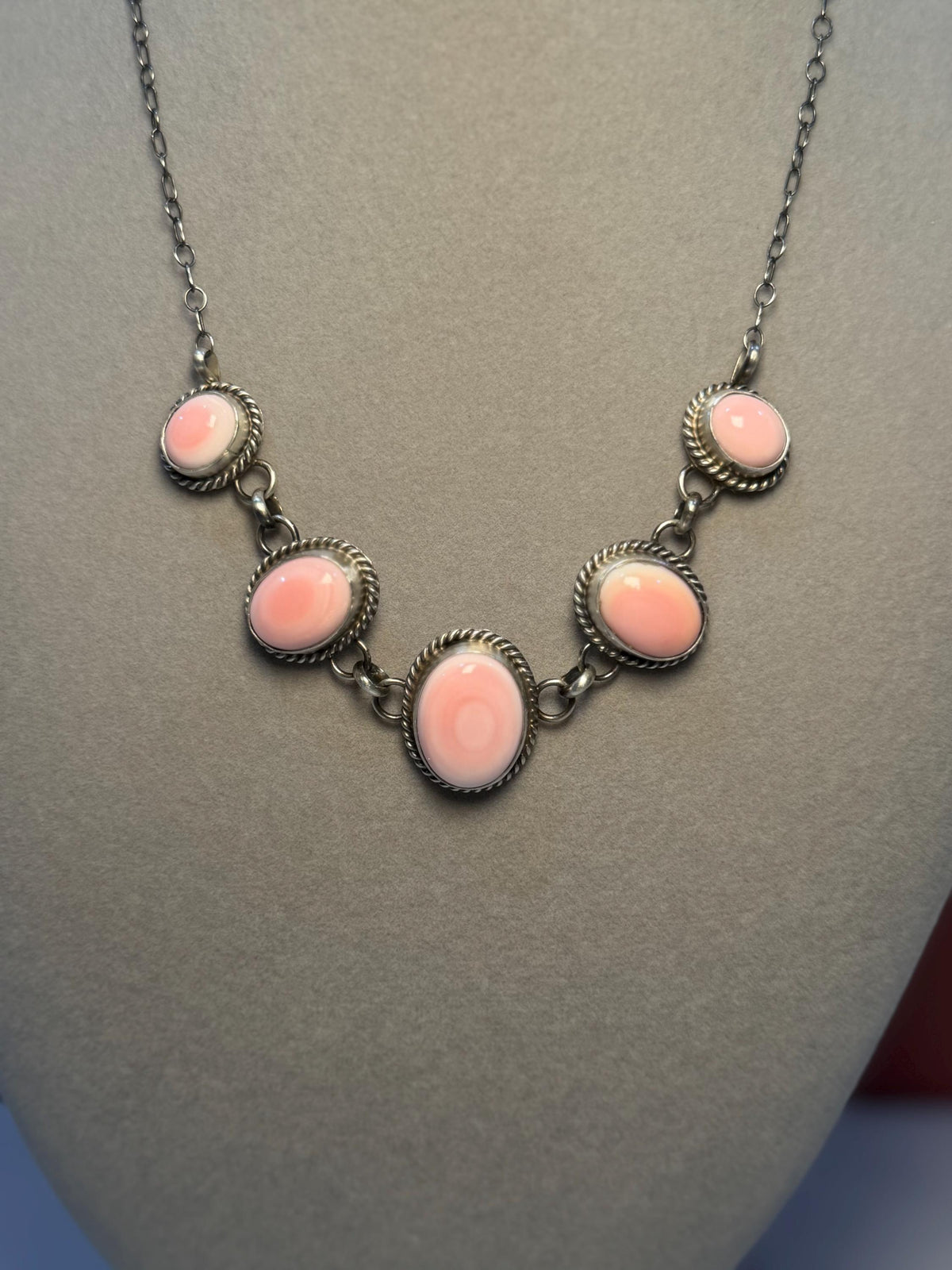 Pink Conch Five Stone Necklace, Sterling Silver, Native Made Stamped B. Lee