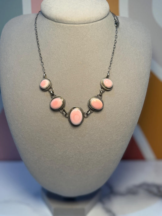 Pink Conch Five Stone Necklace, Sterling Silver, Native Made Stamped B. Lee