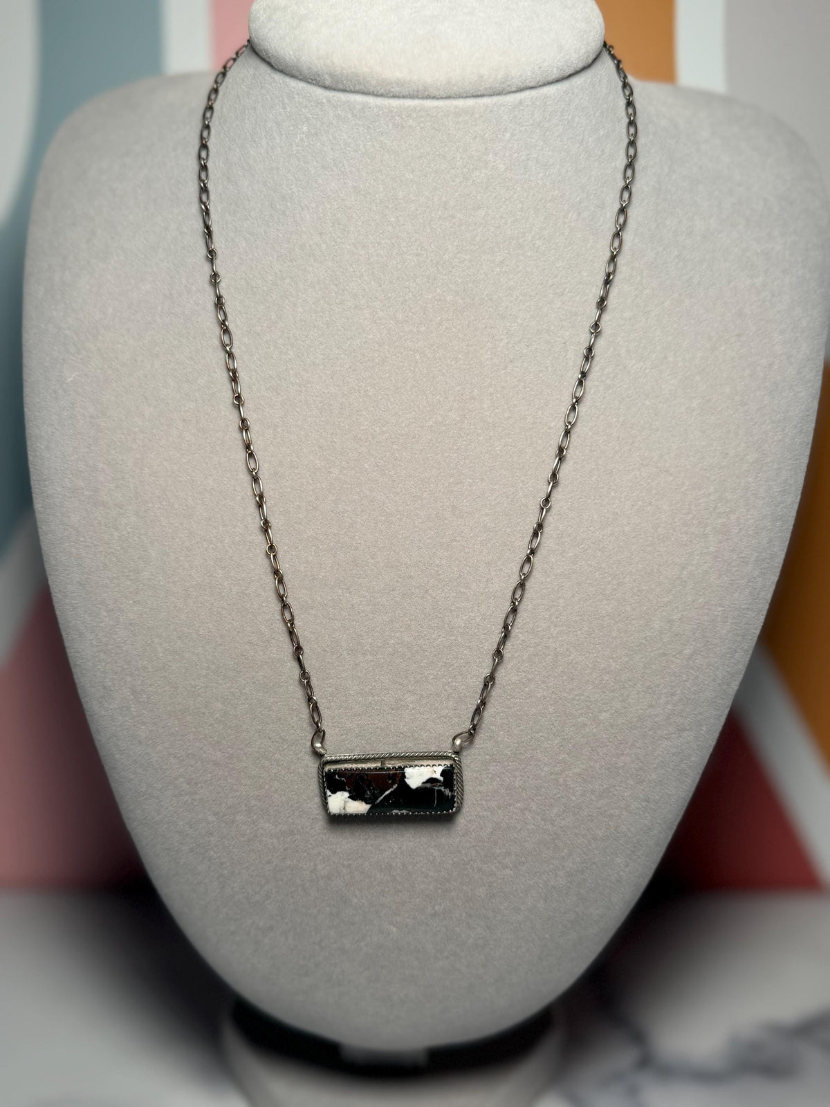 White Buffalo Bar Necklace, 19 Inch Sterling Silver, Native Stamped Statement Jewelry