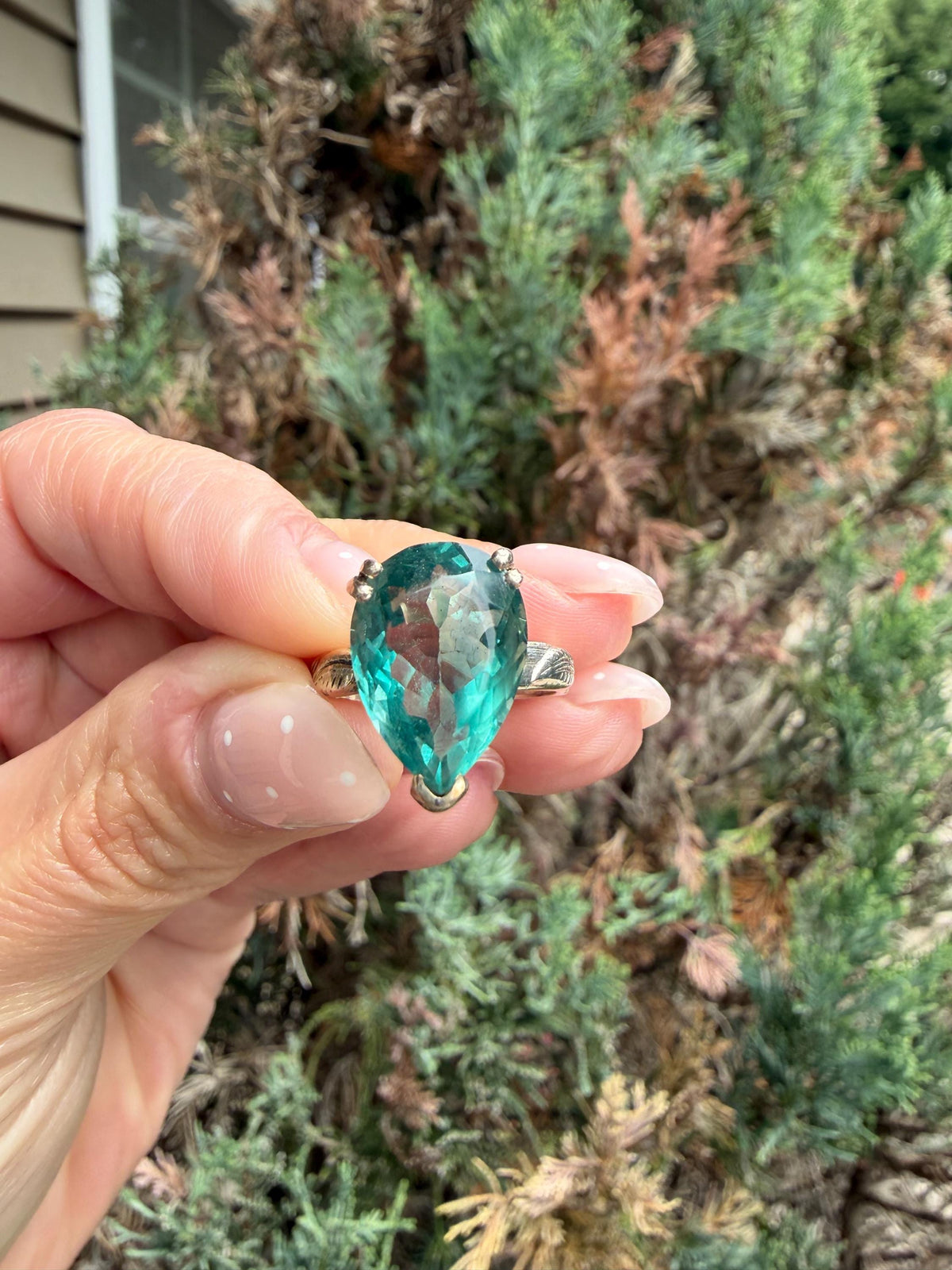Blue Fluorite Teardrop Ring • Sterling Silver Floral Band • Boho Statement Ring (Size 7)