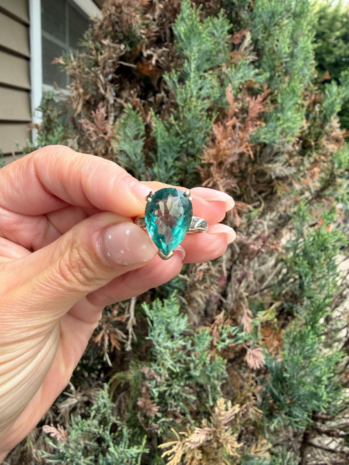 Blue Fluorite Teardrop Ring • Sterling Silver Floral Band • Boho Statement Ring (Size 7)