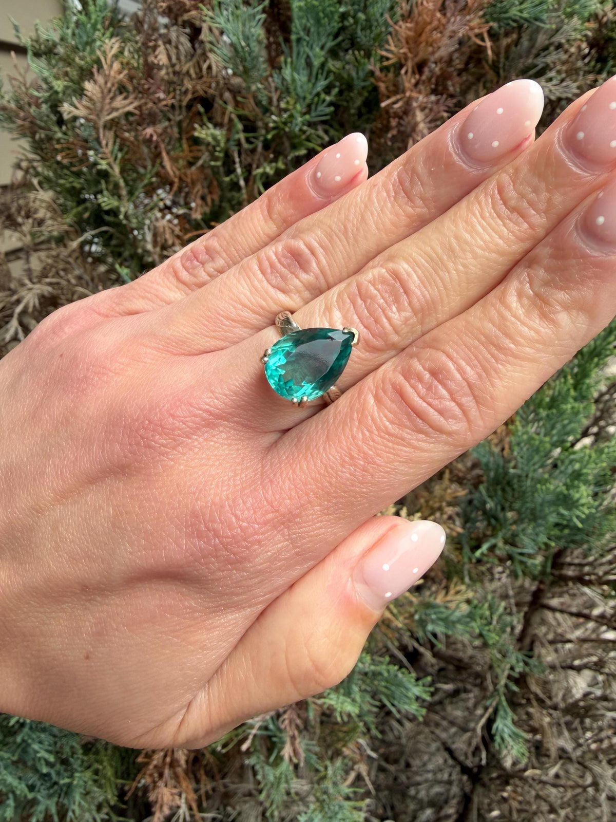 Blue Fluorite Teardrop Ring • Sterling Silver Floral Band • Boho Statement Ring (Size 7)