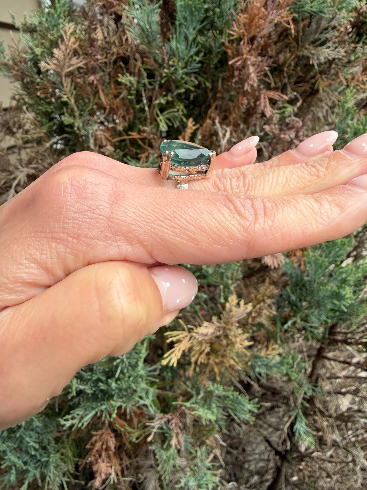 Blue Fluorite Teardrop Ring • Sterling Silver Floral Band • Boho Statement Ring (Size 7)
