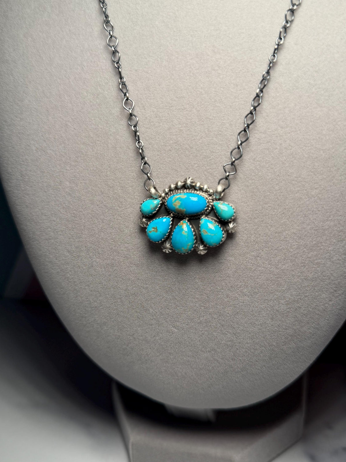 Jeff Largo Kingman Turquoise Half Cluster Necklace, Sterling Silver Southwest Statement (18 Inch Chain)