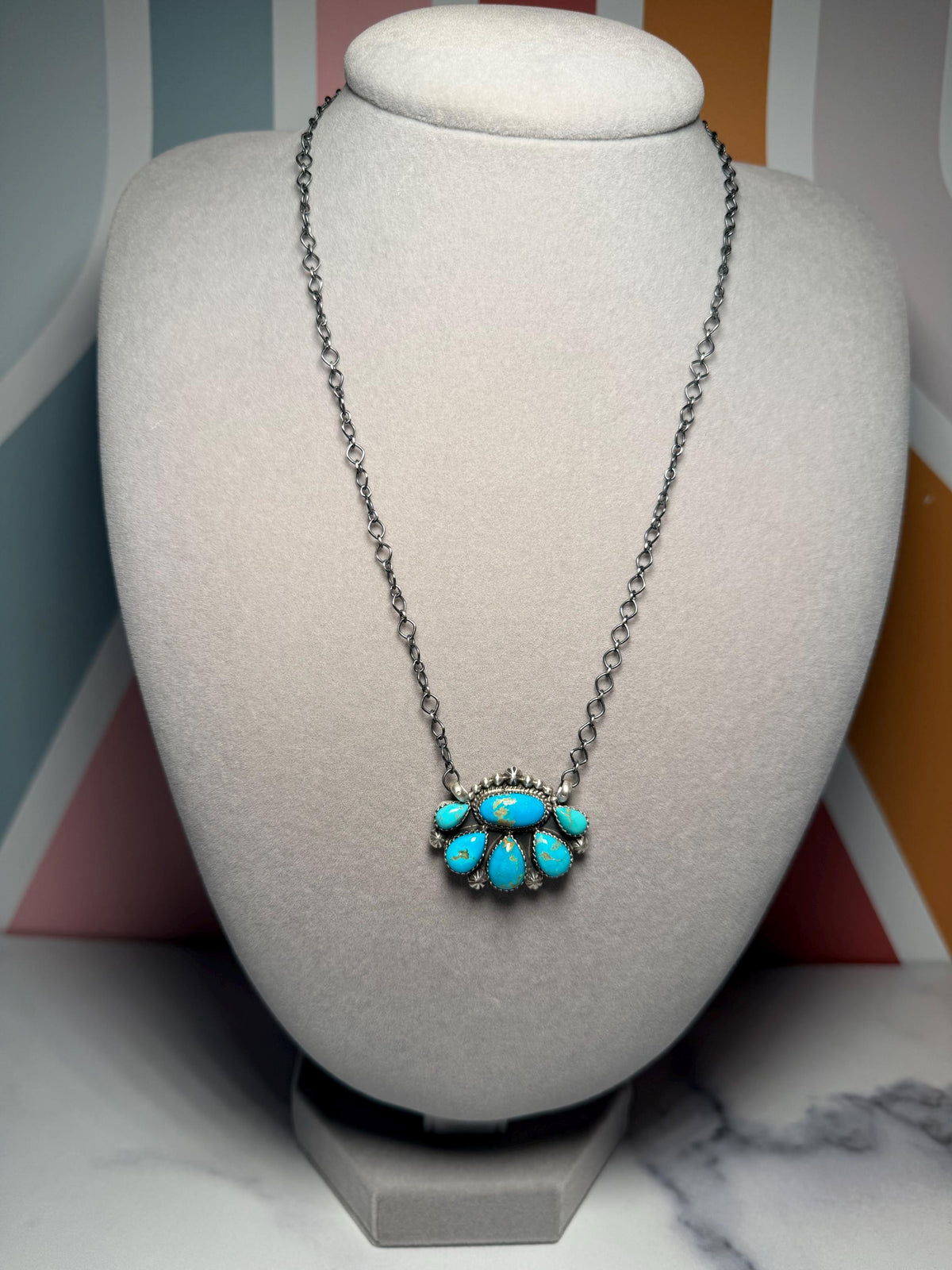 Jeff Largo Kingman Turquoise Half Cluster Necklace, Sterling Silver Southwest Statement (18 Inch Chain)