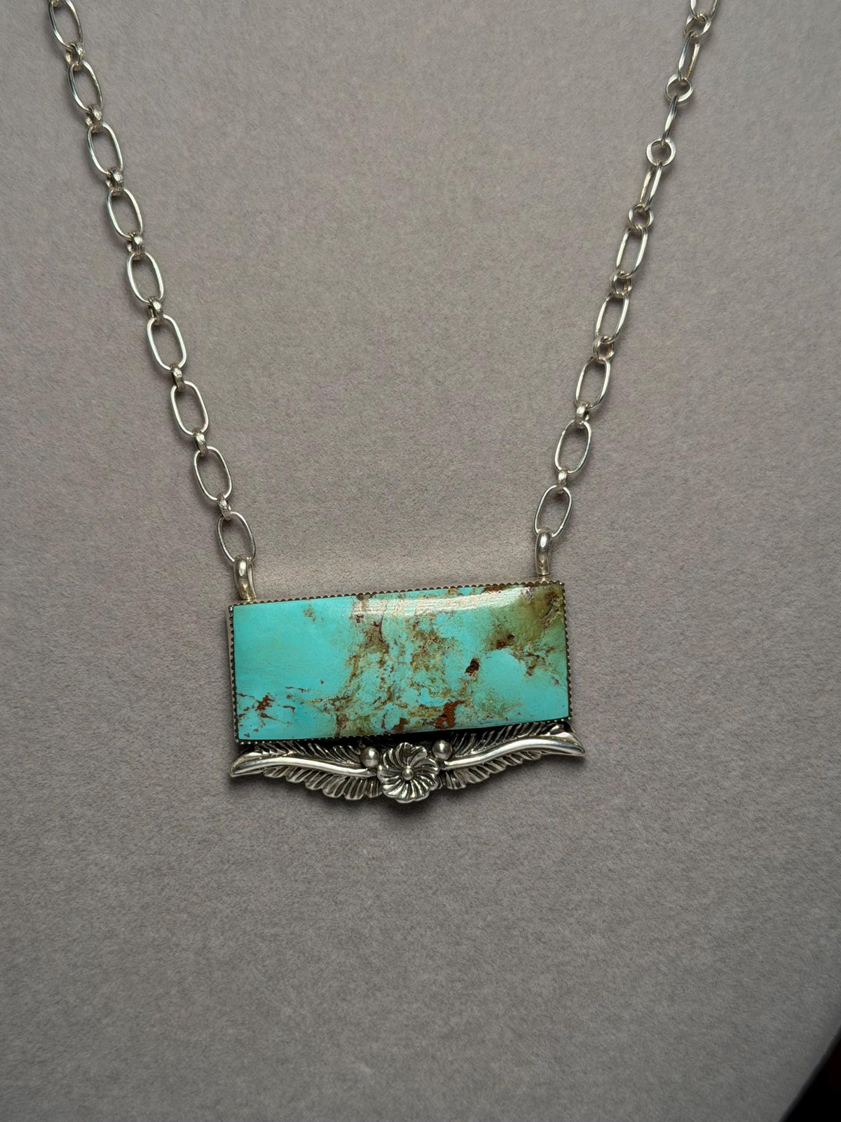 Sterling Silver Turquoise Floral Bar Necklace, Native Made Stamped Southwest Bear, 18.5 Inch