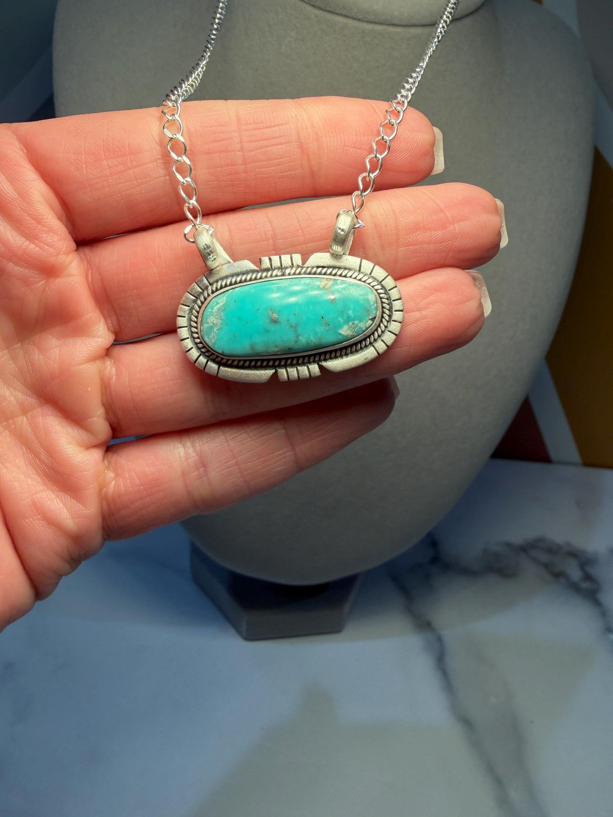 Sterling Silver Turquoise Bar Necklace, Southwest Style, 17.5 Inch Adjustable Chain