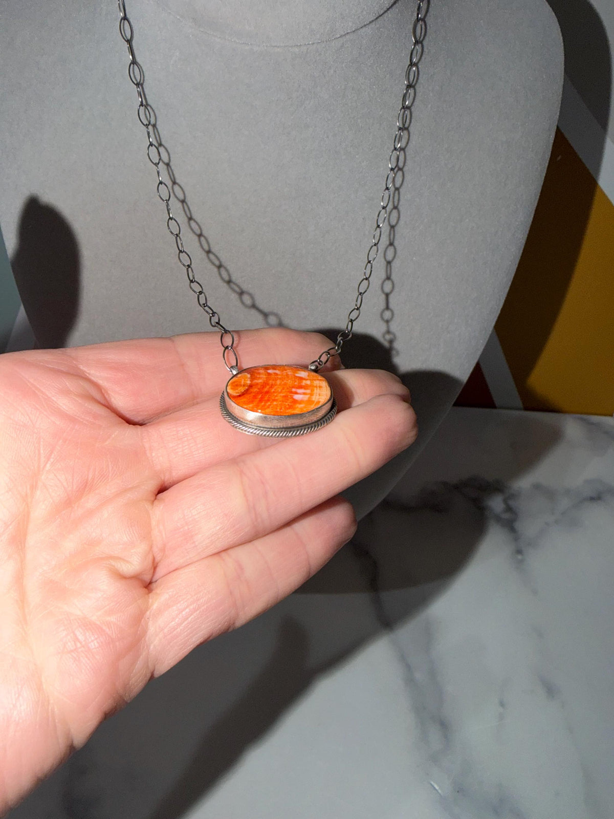 Orange Spiny Oyster Bar Necklace, Sterling Silver, Native Made AM, Southwest Style (19" Chain)