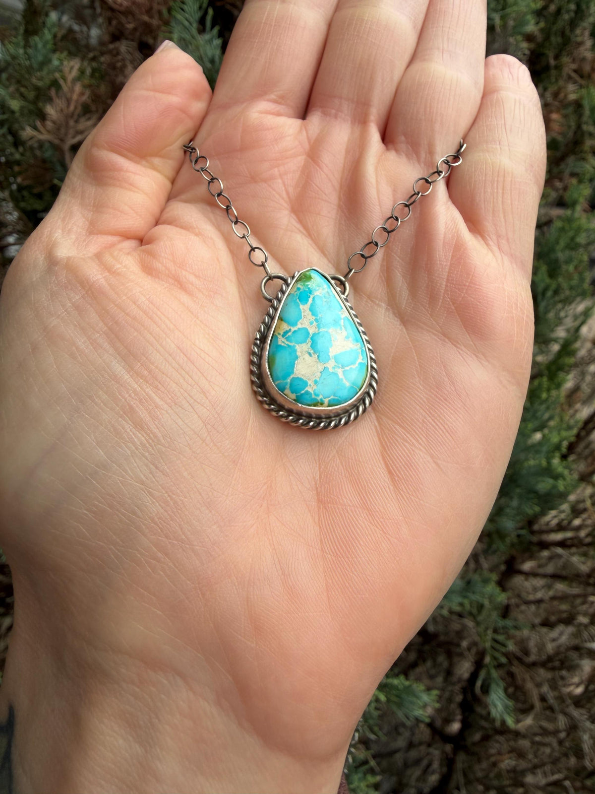 Sonoran Gold Turquoise Teardrop Bar Necklace, Sterling Silver, Southwest Artisan Stamped, 19.5 Inch Chain