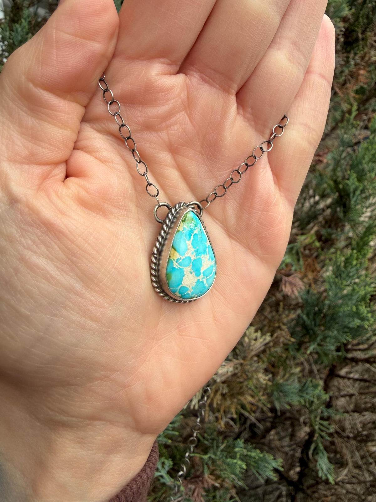 Sonoran Gold Turquoise Teardrop Bar Necklace, Sterling Silver, Southwest Artisan Stamped, 19.5 Inch Chain