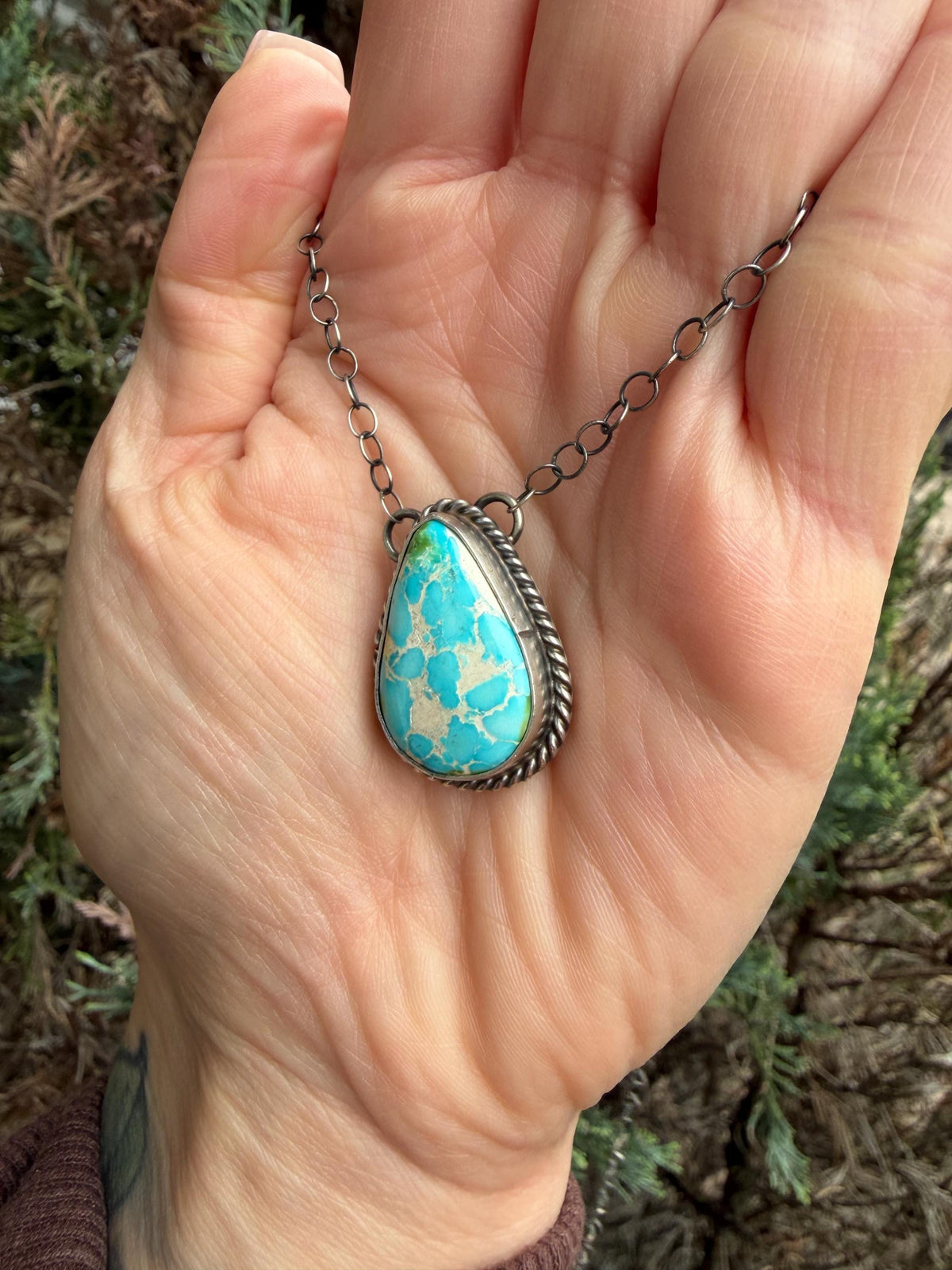 Sonoran Gold Turquoise Teardrop Bar Necklace, Sterling Silver, Southwest Artisan Stamped, 19.5 Inch Chain