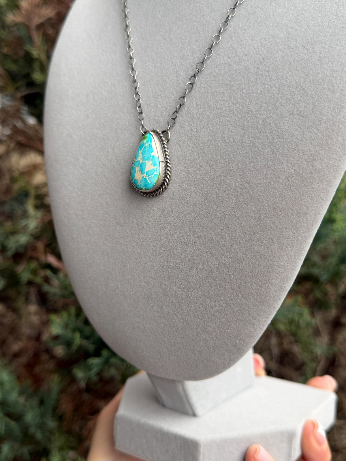 Sonoran Gold Turquoise Teardrop Bar Necklace, Sterling Silver, Southwest Artisan Stamped, 19.5 Inch Chain