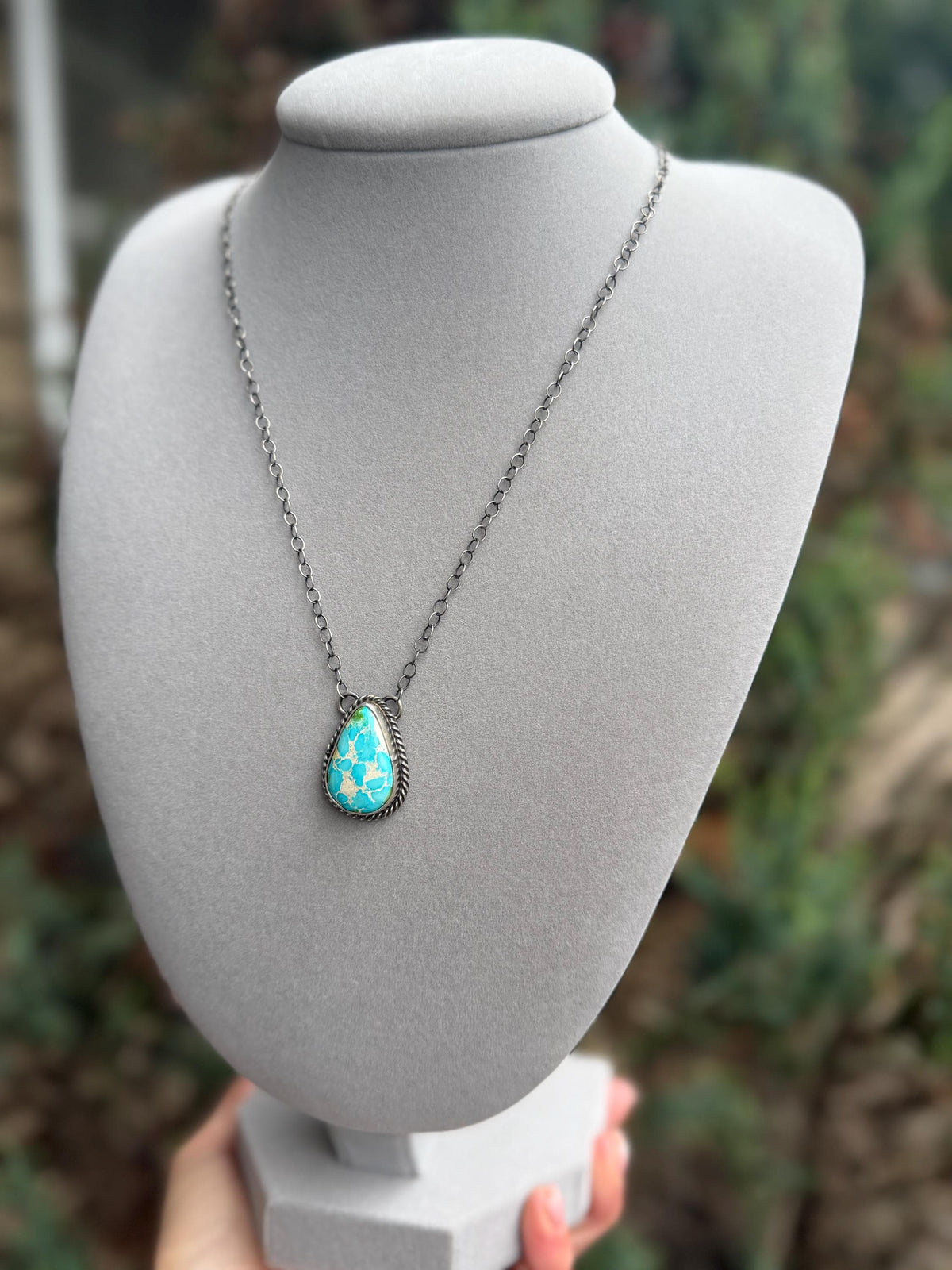 Sonoran Gold Turquoise Teardrop Bar Necklace, Sterling Silver, Southwest Artisan Stamped, 19.5 Inch Chain