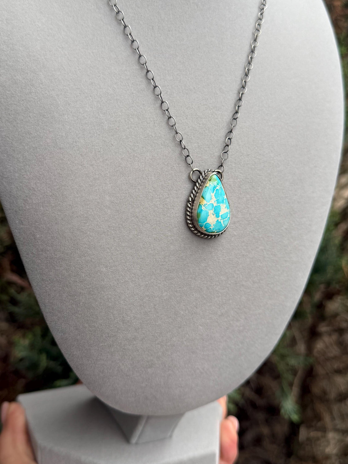 Sonoran Gold Turquoise Teardrop Bar Necklace, Sterling Silver, Southwest Artisan Stamped, 19.5 Inch Chain