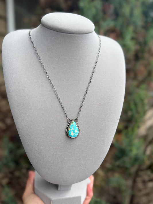 Sonoran Gold Turquoise Teardrop Bar Necklace, Sterling Silver, Southwest Artisan Stamped, 19.5 Inch Chain