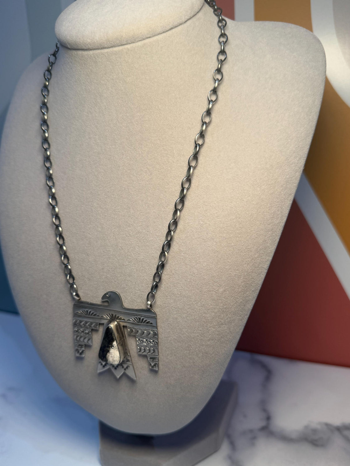 Sterling Silver Thunderbird Necklace, White Buffalo Stone, Southwest Pendant, Rick Enriquez, 18" Chain