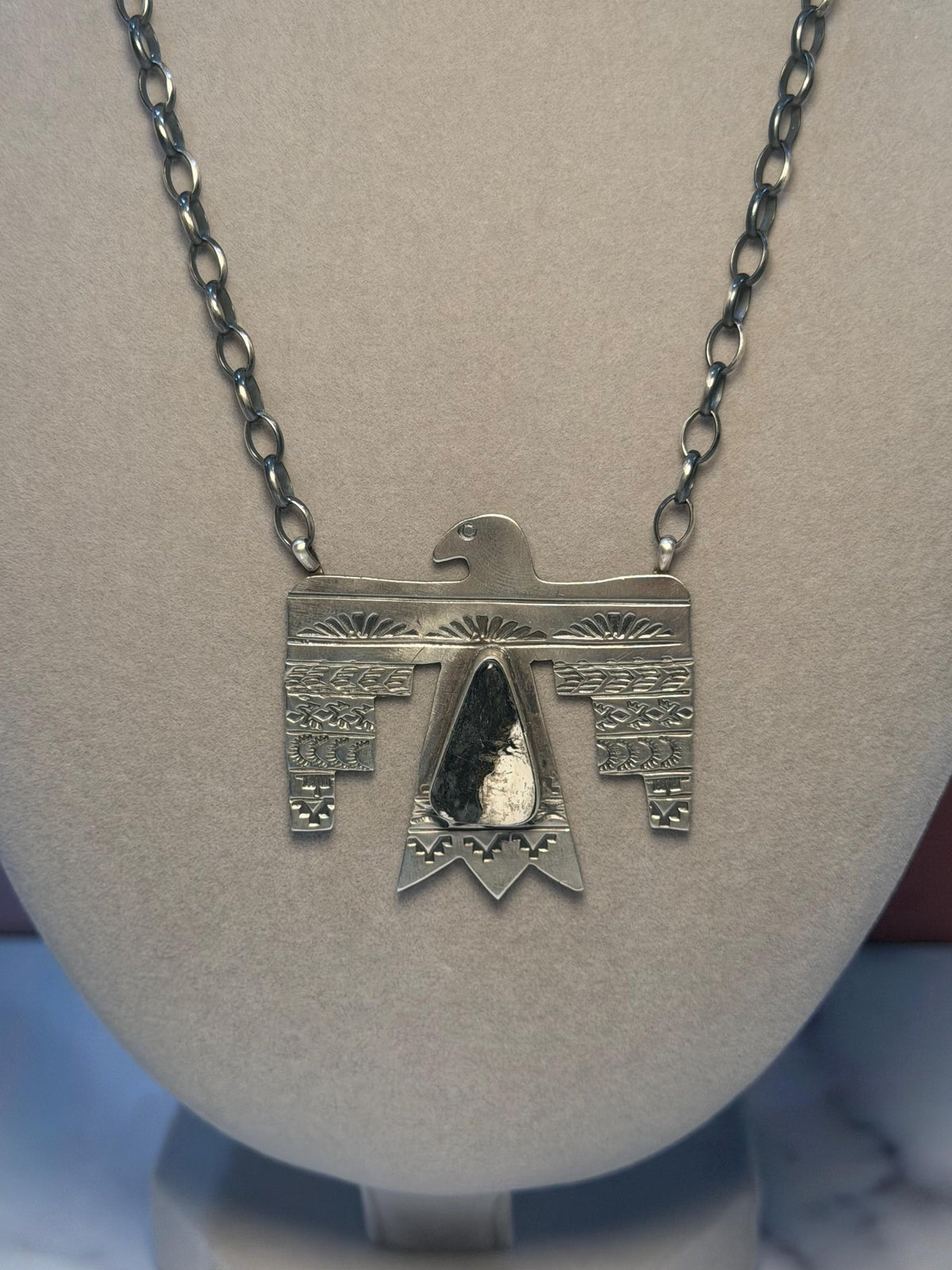 Sterling Silver Thunderbird Necklace, White Buffalo Stone, Southwest Pendant, Rick Enriquez, 18" Chain