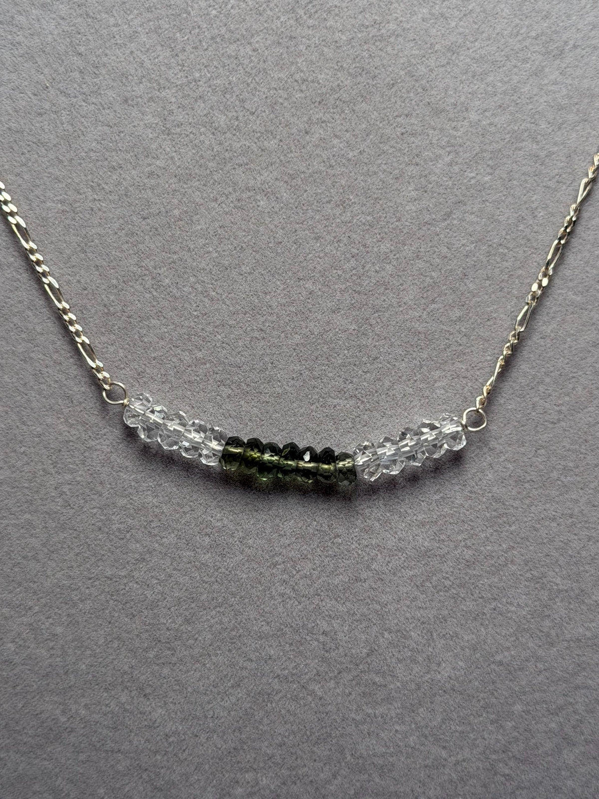 Faceted Moldavite Herkimer Diamond Rondelle Necklace, Sterling Silver Chain (16 Inch + 2 Inch Extender)