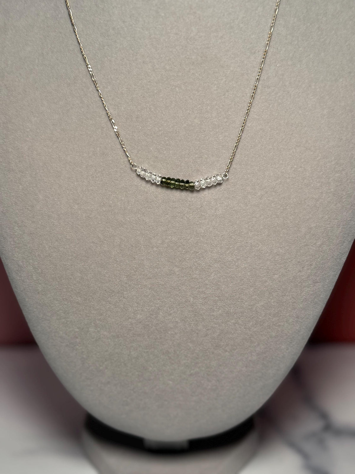 Faceted Moldavite Herkimer Diamond Rondelle Necklace, Sterling Silver Chain (16 Inch + 2 Inch Extender)