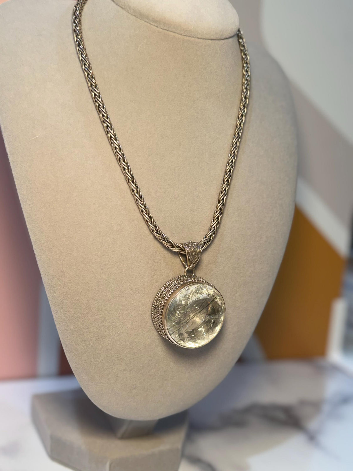 Faceted Rutilated Quartz Pendant, Black Rutile Sterling Silver Ornate Necklace