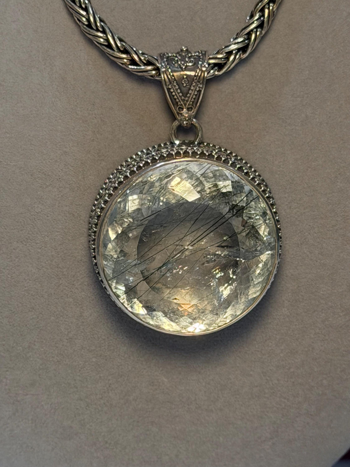 Faceted Rutilated Quartz Pendant, Black Rutile Sterling Silver Ornate Necklace