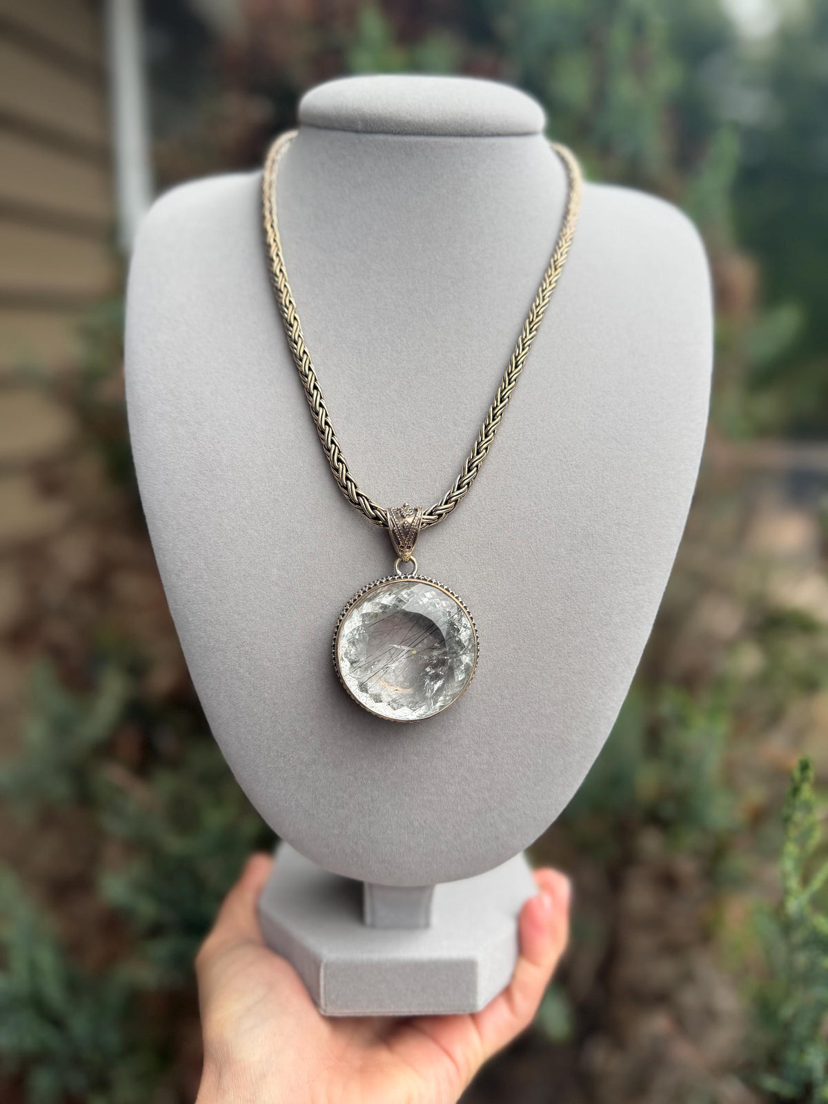 Faceted Rutilated Quartz Pendant, Black Rutile Sterling Silver Ornate Necklace