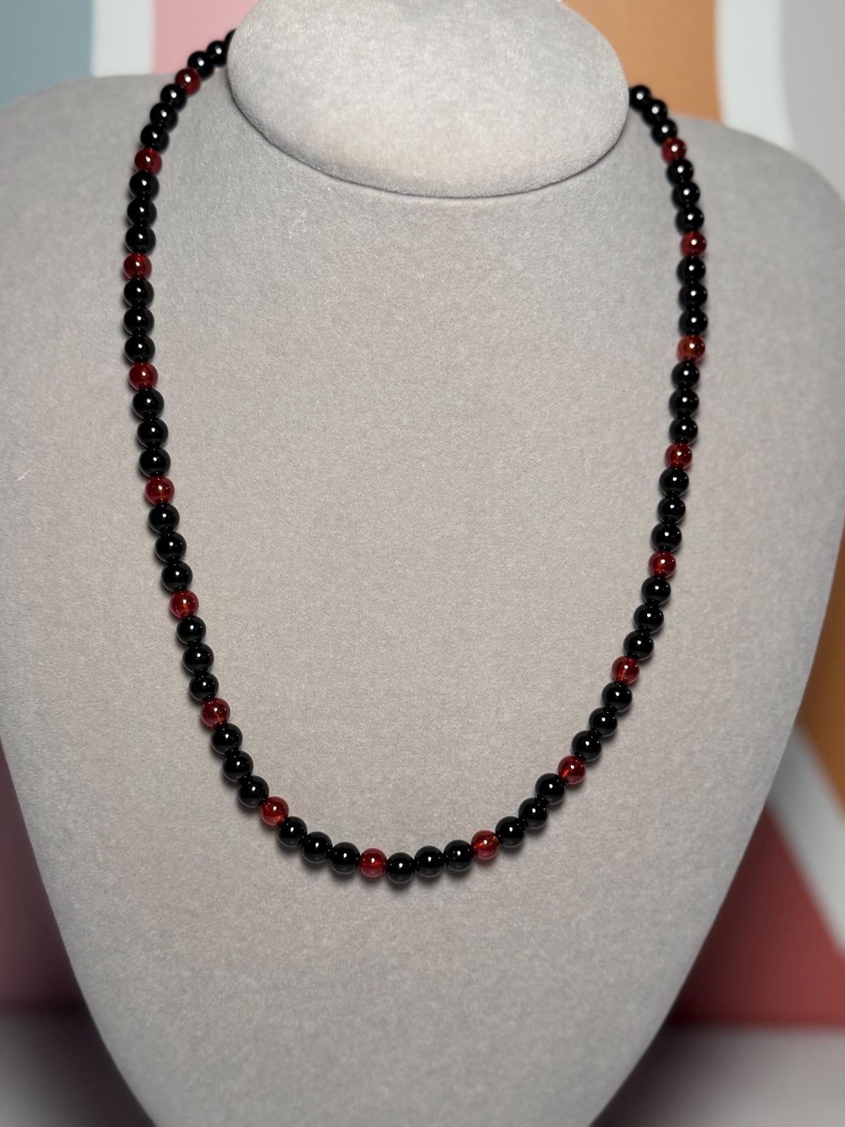 Garnet Black Obsidian Beaded Necklace, 18 Inch Gemstone Chain (3 Inch Extender)