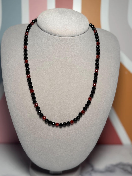 Garnet Black Obsidian Beaded Necklace, 18 Inch Gemstone Chain (3 Inch Extender)