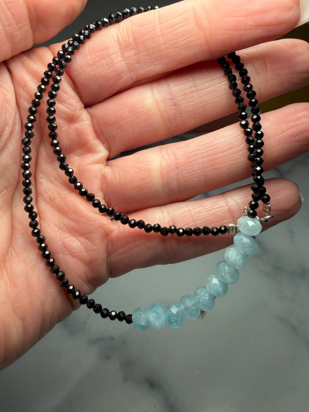 Faceted Black Spinel Aquamarine Sterling Silver Necklace (16 Inch + 2 Inch Extender)