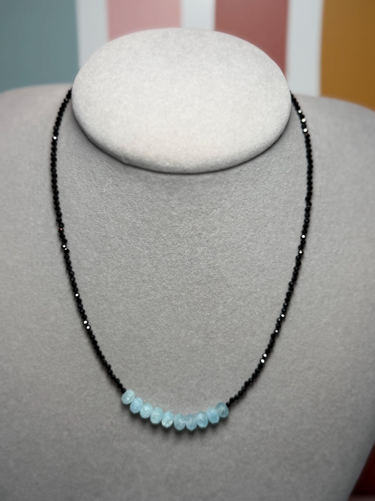 Faceted Black Spinel Aquamarine Sterling Silver Necklace (16 Inch + 2 Inch Extender)