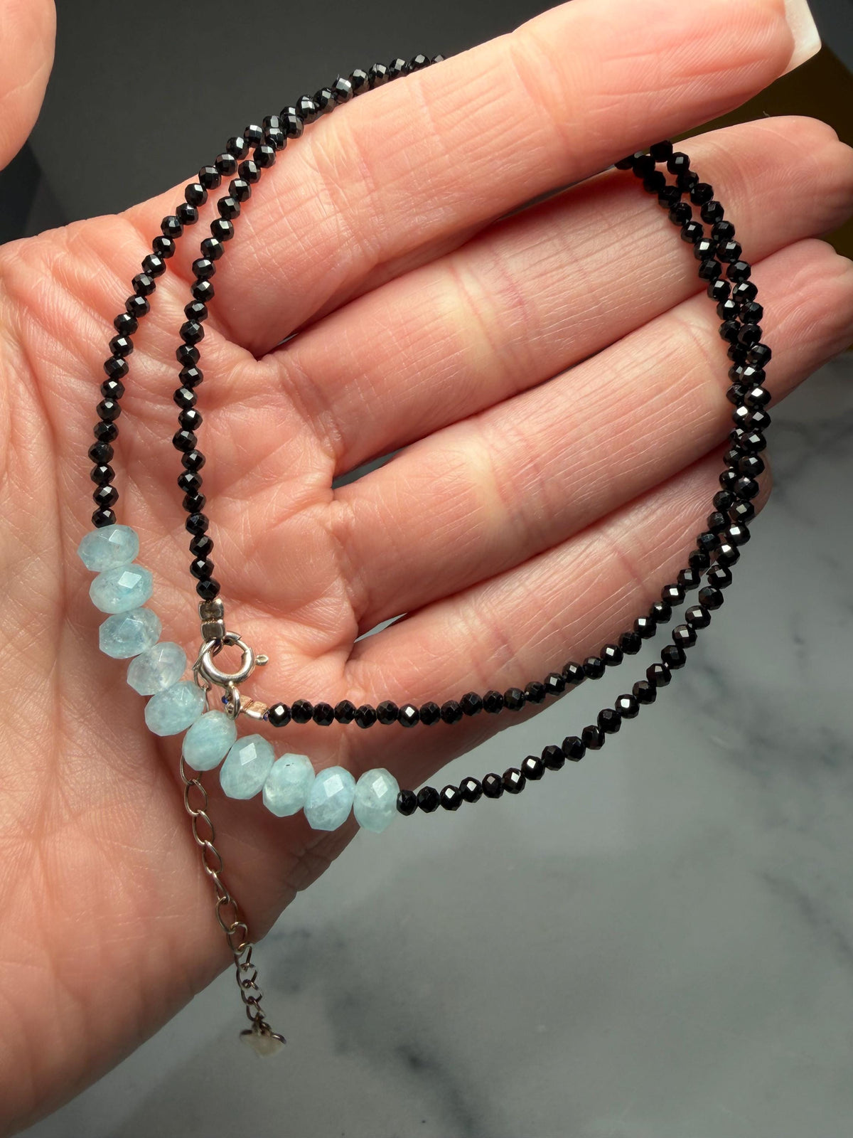 Faceted Black Spinel Aquamarine Sterling Silver Necklace (16 Inch + 2 Inch Extender)