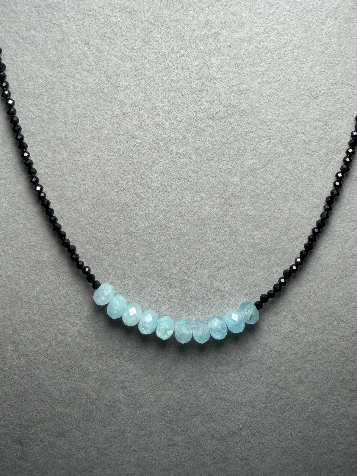 Faceted Black Spinel Aquamarine Sterling Silver Necklace (16 Inch + 2 Inch Extender)