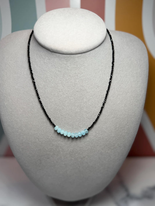 Faceted Black Spinel Aquamarine Sterling Silver Necklace (16 Inch + 2 Inch Extender)