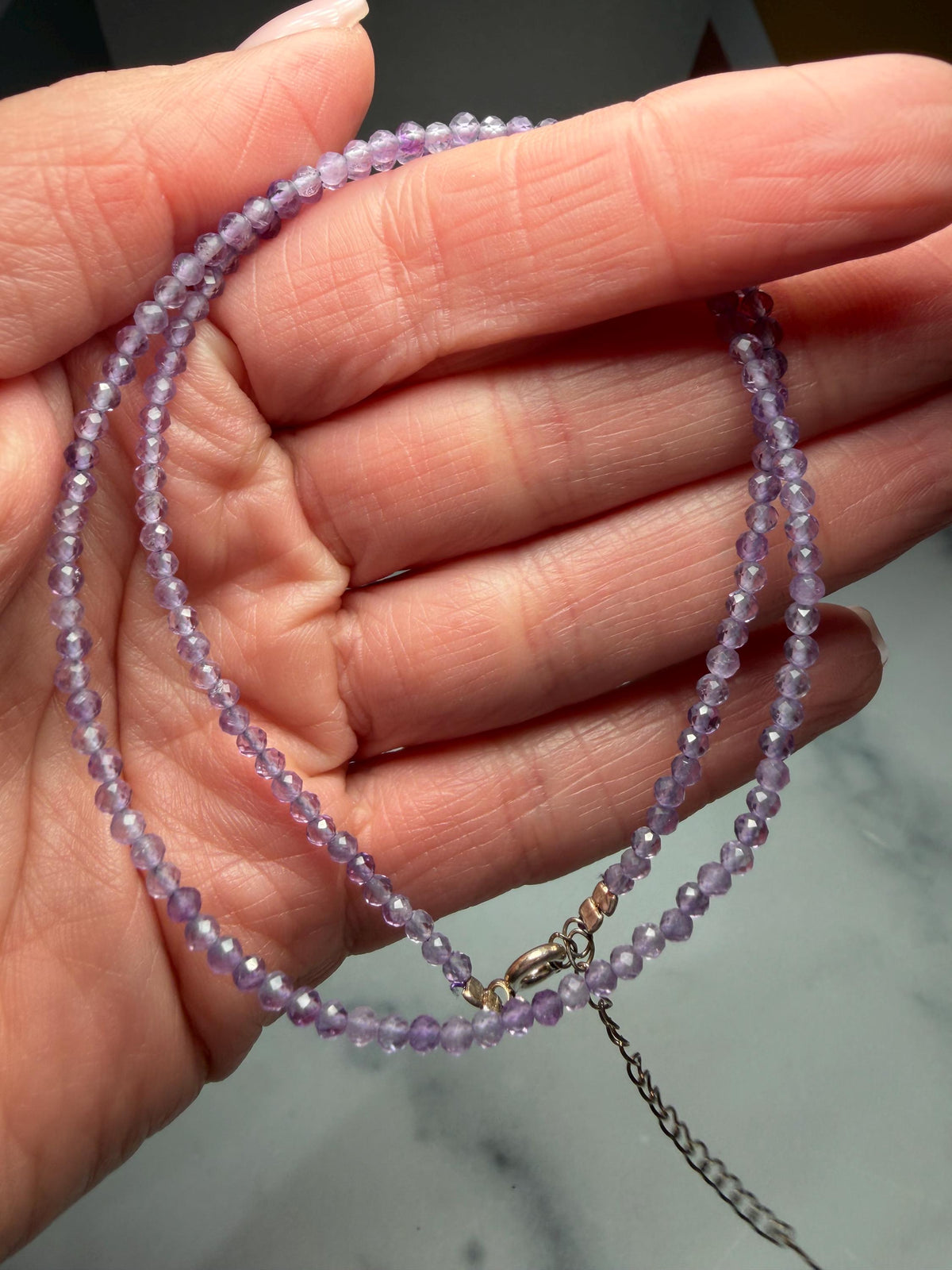 Faceted Amethyst Beaded Necklace, 925 Sterling Silver, Dainty Purple Gemstone, Adjustable Chain