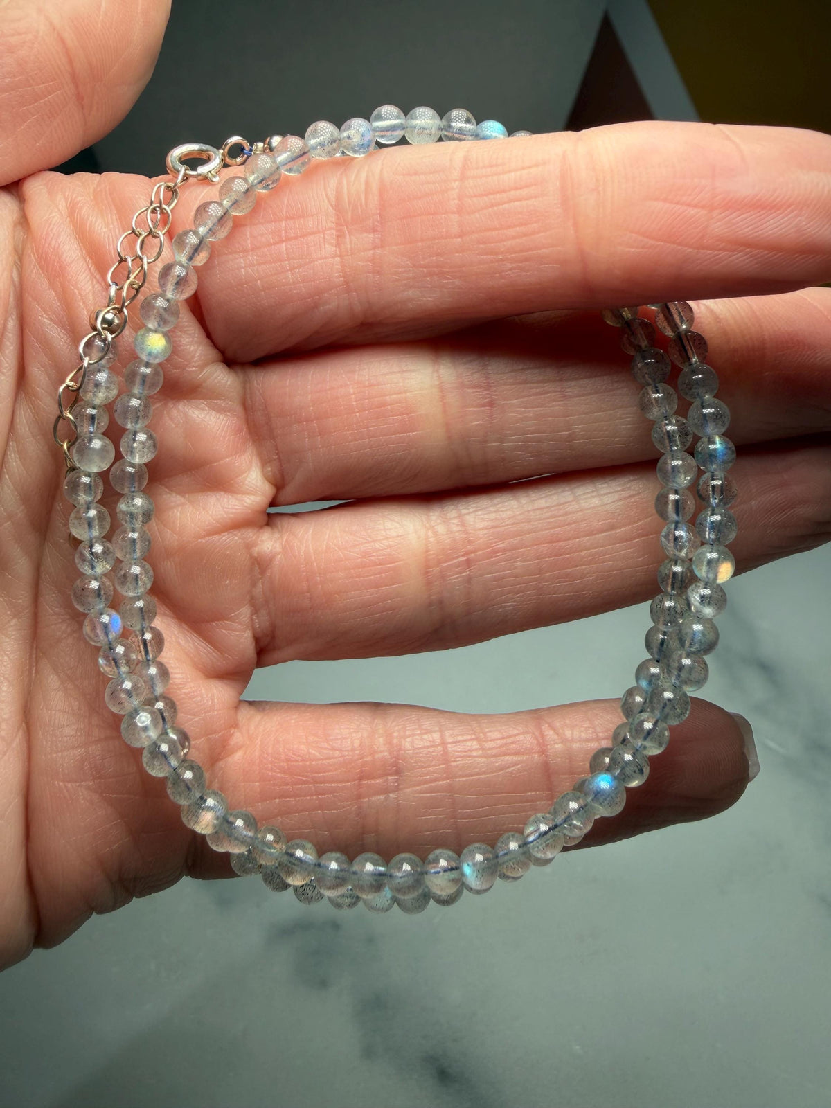 Dainty Beaded Labradorite Necklace, 925 Sterling Silver, Blue Gray Flash, Adjustable Chain