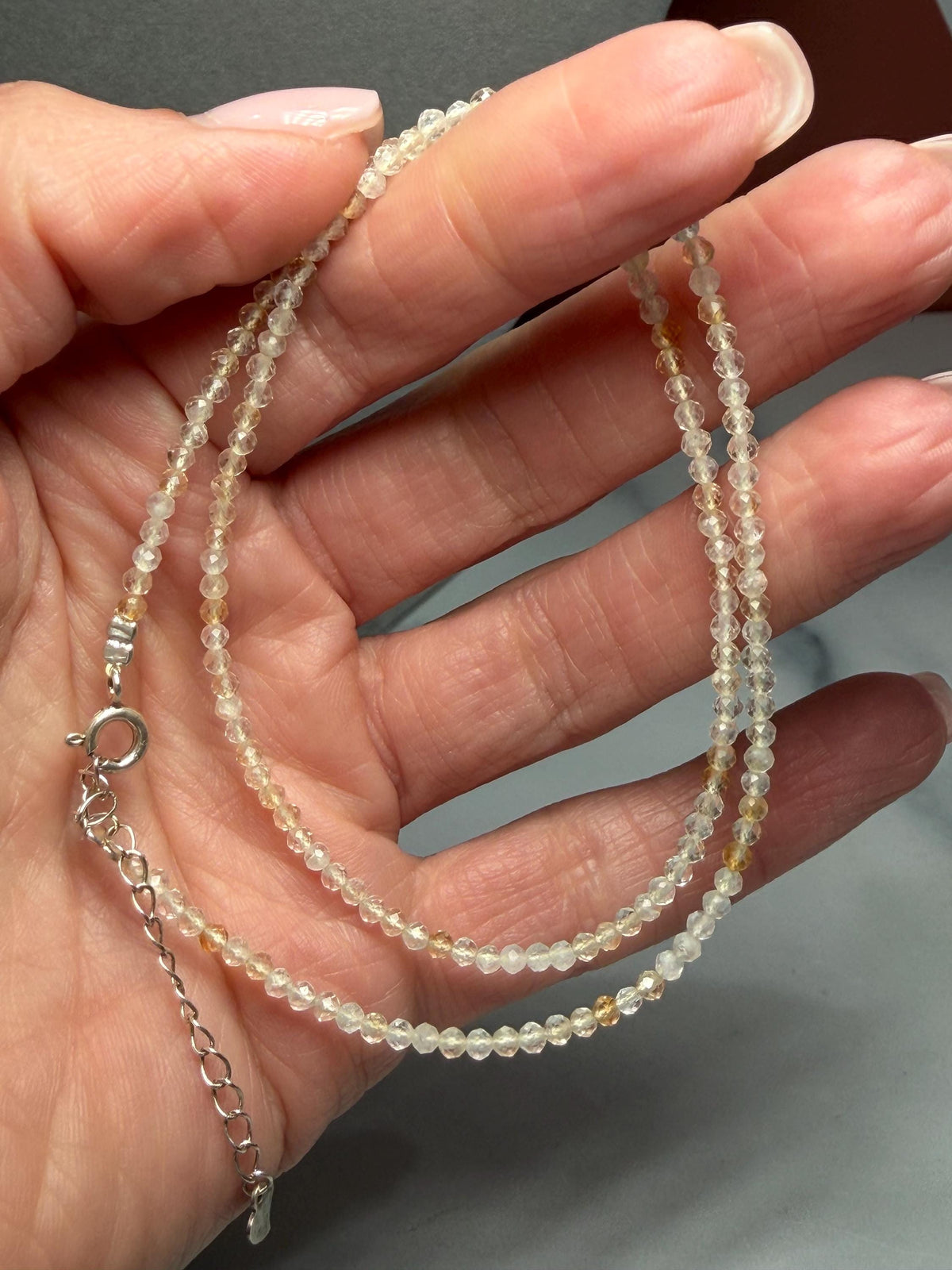 Faceted Citrine Beaded Necklace, 925 Sterling Silver, Dainty Yellow Gemstone, Adjustable Chain