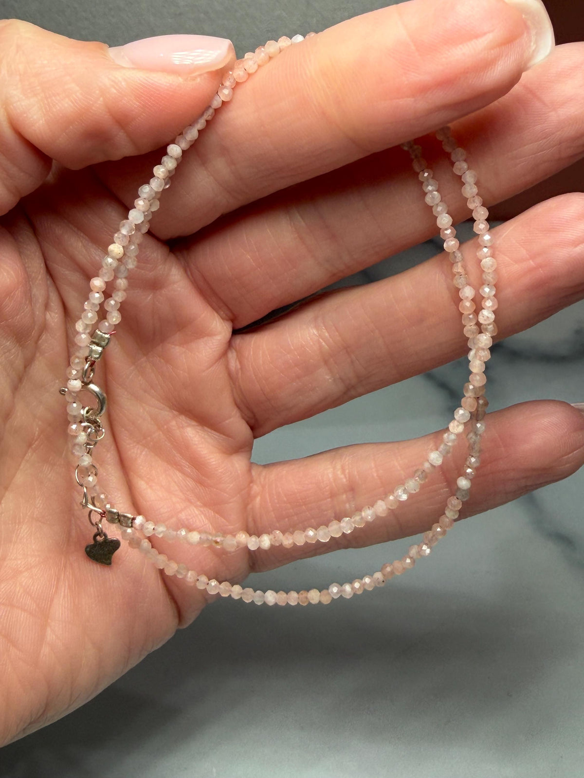 Faceted Sunstone Beaded Necklace, 925 Sterling Silver, Dainty Gemstone (15.5 Inch + 2 Inch Extender)