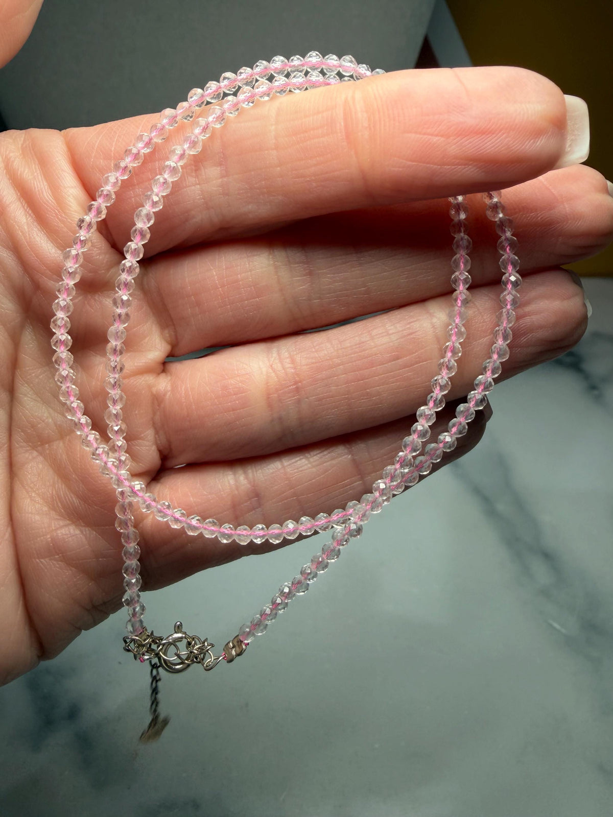 Faceted Rose Quartz Beaded Necklace, Sterling Silver Chain, Dainty Pink Gemstone, Adjustable Length