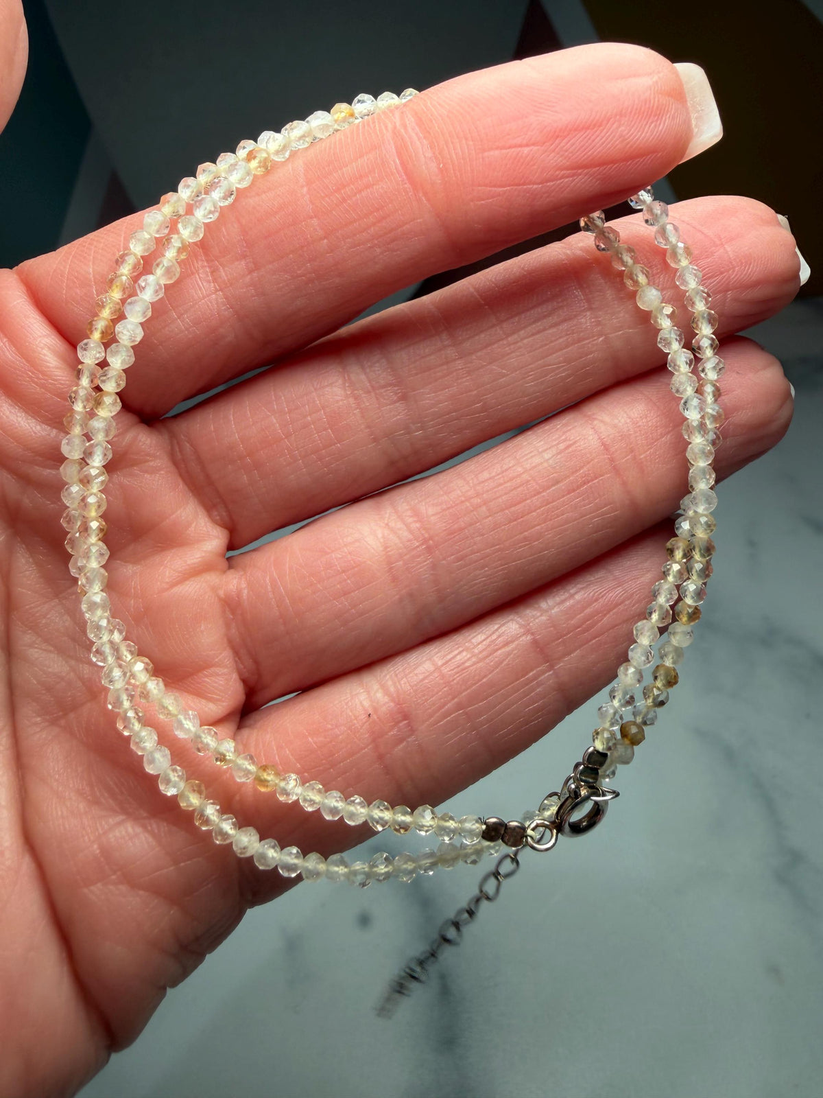 Faceted Citrine Beaded Necklace, 925 Sterling Silver, Dainty Yellow Gemstone, 16 Inch Chain