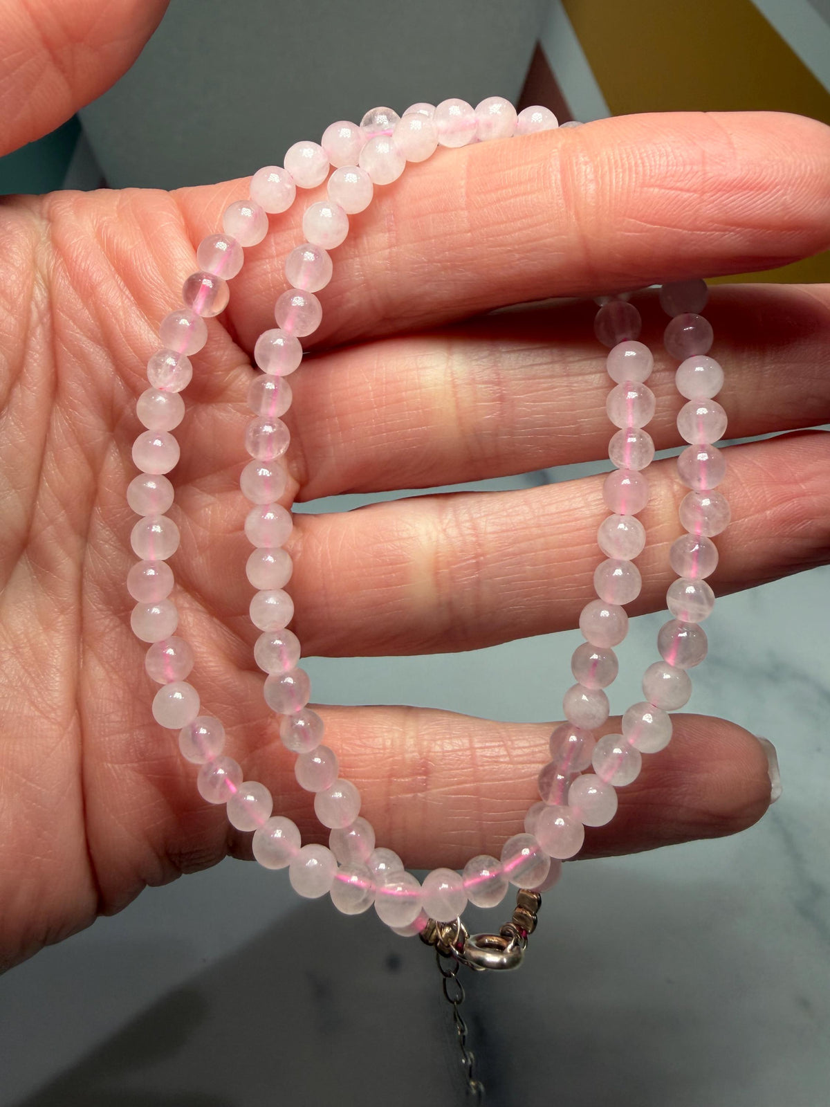 Polished Rose Quartz Beaded Necklace, 925 Sterling Silver, Pink Gemstone, Adjustable Chain