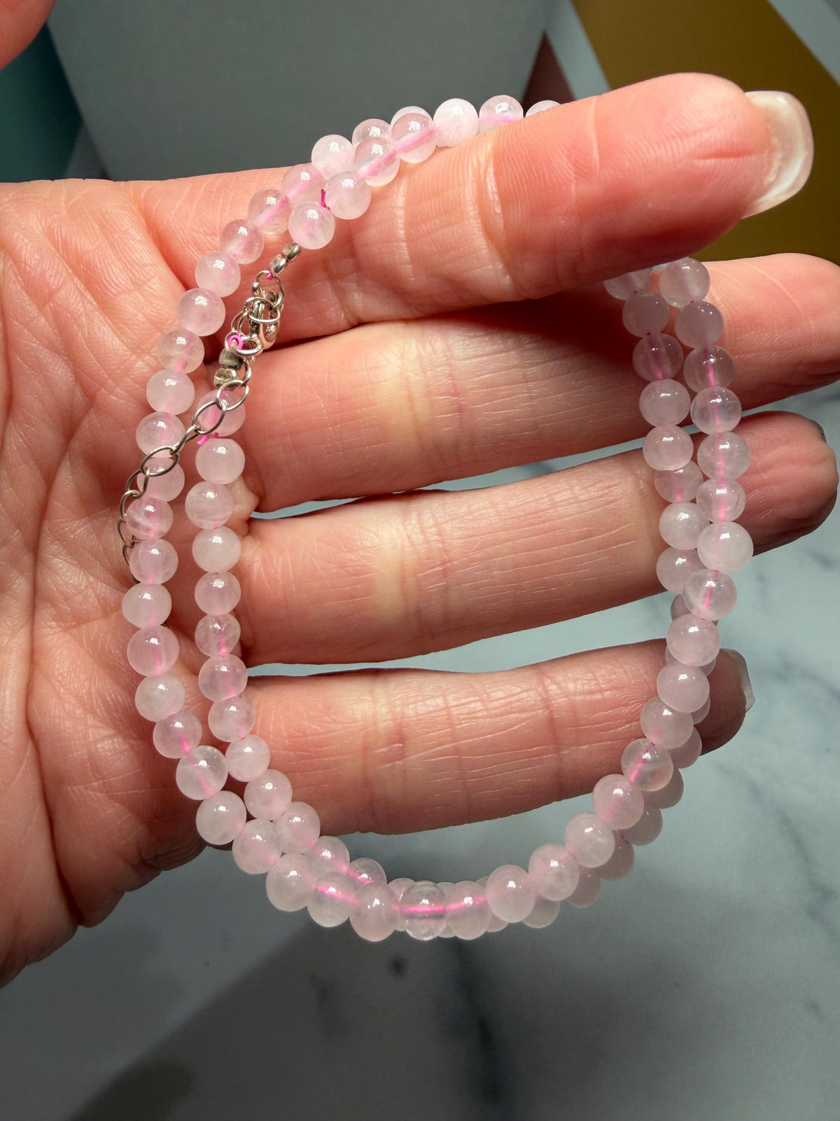 Polished Rose Quartz Beaded Necklace, 925 Sterling Silver, Pink Gemstone, Adjustable Chain