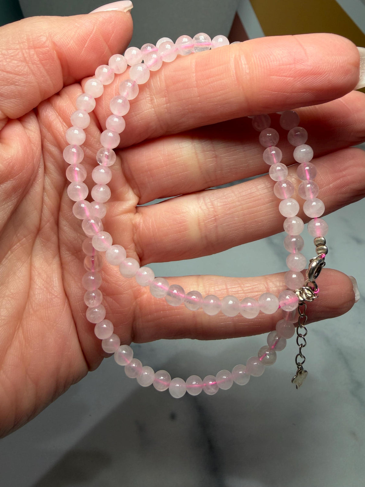 Polished Rose Quartz Beaded Necklace, 925 Sterling Silver, Pink Gemstone, Adjustable Chain