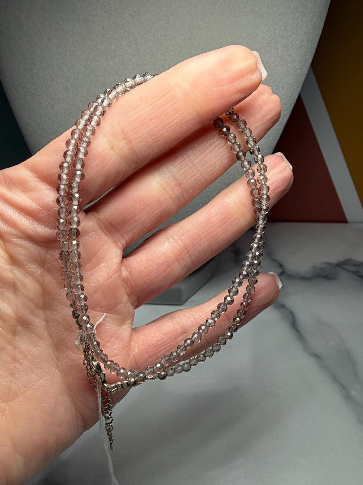 Faceted Smoky Quartz Beaded Necklace, Sterling Silver Chain, Dainty Brown Gemstone, Adjustable Length