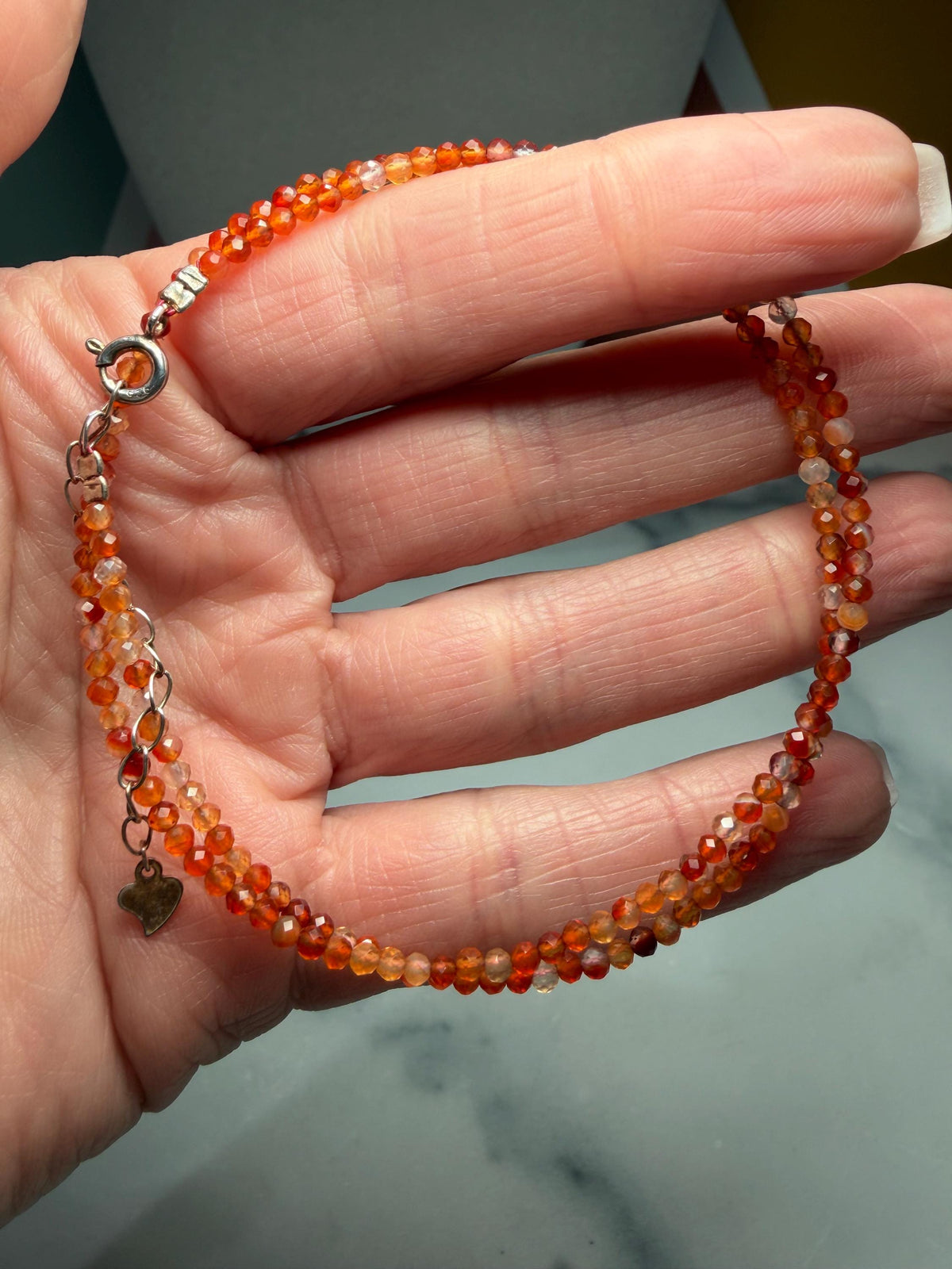 Faceted Carnelian Beaded Necklace, Sterling Silver Chain, Dainty Gemstone, 16 Inch (2 Inch Extender)