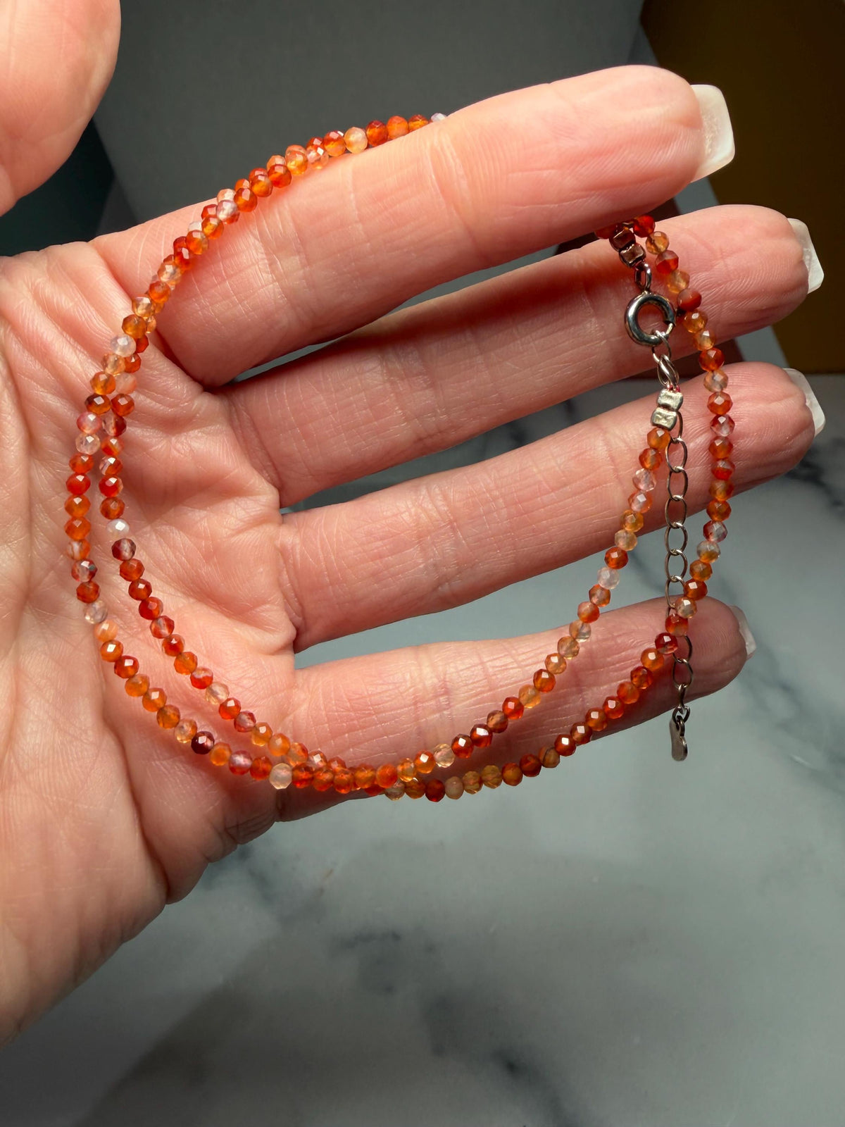 Faceted Carnelian Beaded Necklace, Sterling Silver Chain, Dainty Gemstone, 16 Inch (2 Inch Extender)