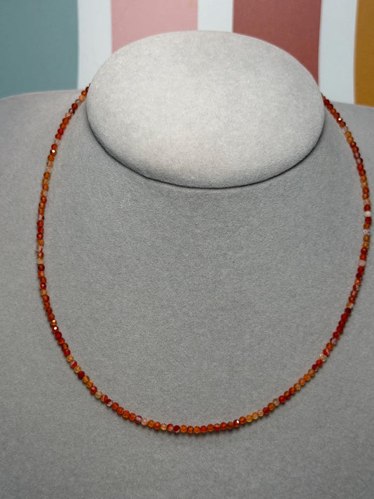 Faceted Carnelian Beaded Necklace, Sterling Silver Chain, Dainty Gemstone, 16 Inch (2 Inch Extender)