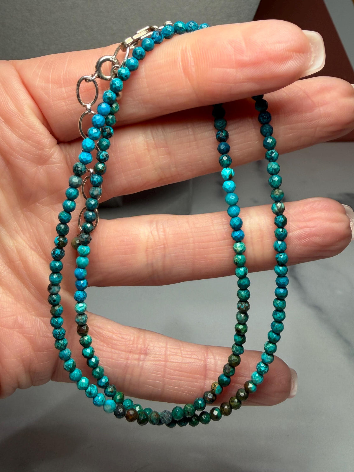 Faceted Chrysocolla Beaded Necklace, Sterling Silver Chain, Blue Green, 17 Inch (2 Inch Extender)