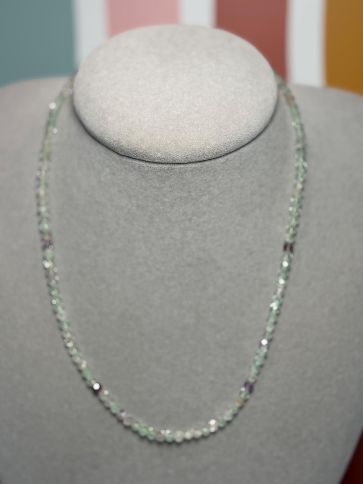 Faceted Fluorite Beaded Necklace, Sterling Silver Chain, Multicolor Gemstone, Adjustable Length